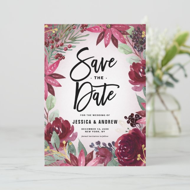 Boho Burgundy Winter Floral Frame Winter Save The Date (Standing Front)