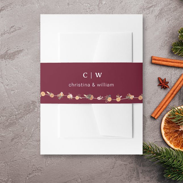 Boho Burgundy Winter Holiday Botanical Wedding Invitation Belly Band (Creator Uploaded)