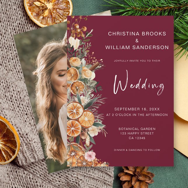 Boho Burgundy Winter Holiday Wedding Photo Invitation (Creator Uploaded)