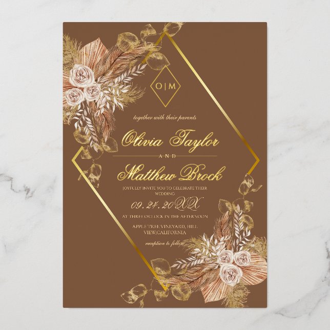 Boho Burn Orange Diamond Gold Wedding Foil  (Front)