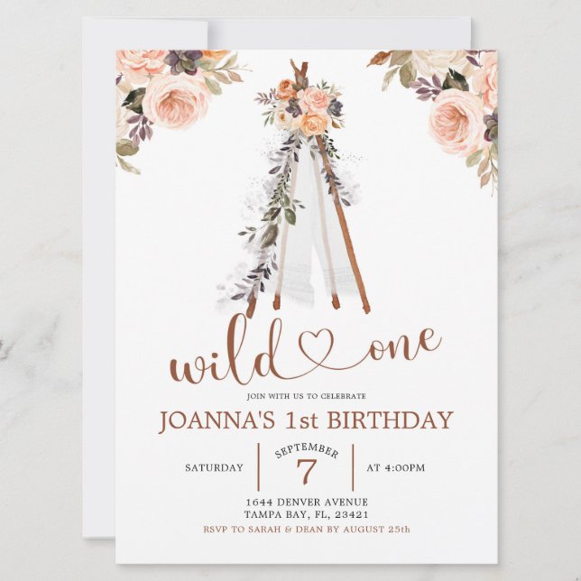 Boho Burn Orange Floral Teepee Girl First Birthday Invitation (Front)