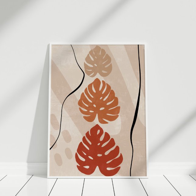 Boho Burnt Orange Beige Monstera Wall Art (Boho Burnt Orange Beige Monstera Wall Art in a white frame.)