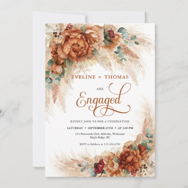 Boho burnt orange copper flowers pampas eucalyptus invitation (Front)