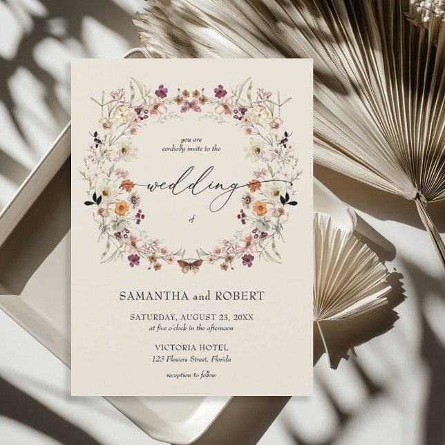 Boho burnt orange copper wildflowers wreath  invitation (Boho burnt orange copper wildflowers wreath invitation)