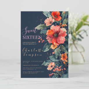 Boho burnt orange earth tone floral  sweet 16  invitation