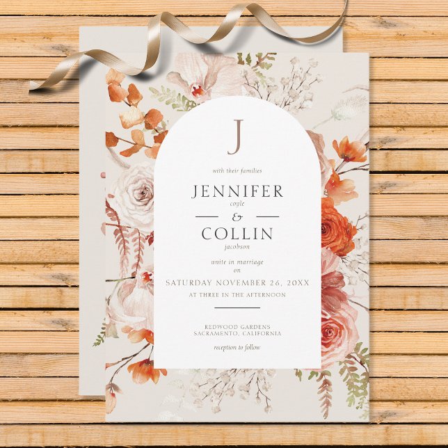 Boho Burnt Orange Fall Floral Arch Monogram Beige Invitation (Creator Uploaded)