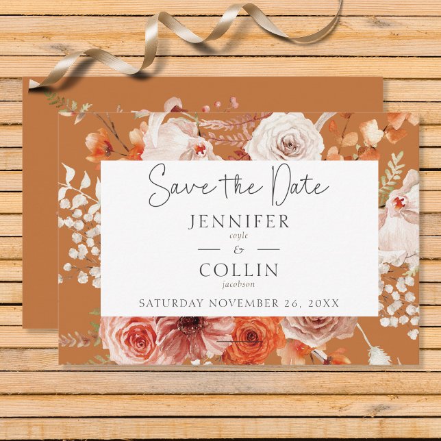 Boho Burnt Orange Fall Floral Arch Monogram Rust Save The Date (Creator Uploaded)