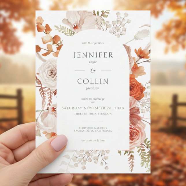 Boho Burnt Orange Fall Floral Arch White Invitation (Creator Uploaded)