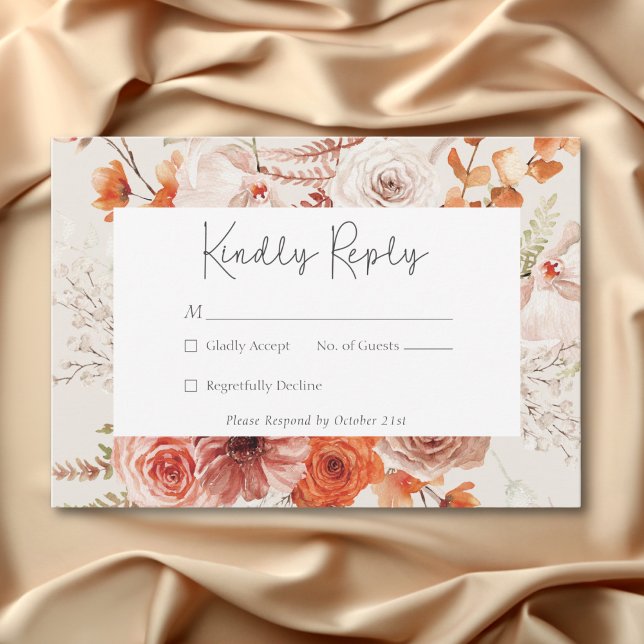 Boho Burnt Orange Fall Floral Monogram Beige RSVP Card (Boho Burnt Orange Fall Floral Monogram Beige RSVP Card)