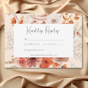 Boho Burnt Orange Fall Floral Monogram Peach RSVP Card
