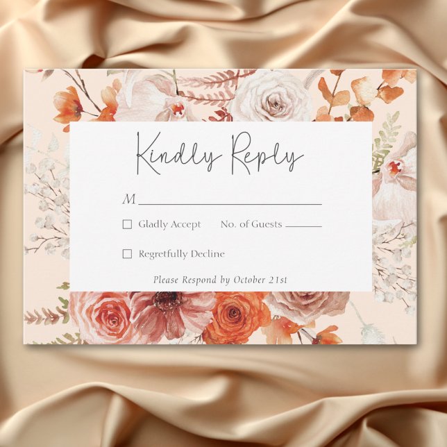 Boho Burnt Orange Fall Floral Monogram Peach RSVP Card (Boho Burnt Orange Fall Floral Monogram Peach RSVP Card)
