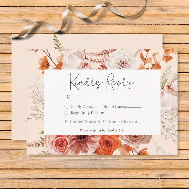 Boho Burnt Orange Fall Floral Monogram Peach RSVP Card (Creator Uploaded)