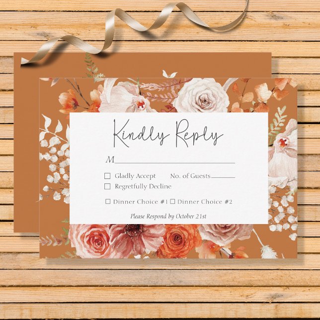 Boho Burnt Orange Fall Floral Monogram Rust RSVP Card (Creator Uploaded)