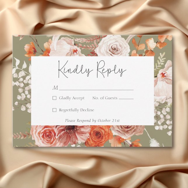 Boho Burnt Orange Fall Floral Monogram Sage RSVP Card (Boho Burnt Orange Fall Floral Monogram Sage RSVP Card)