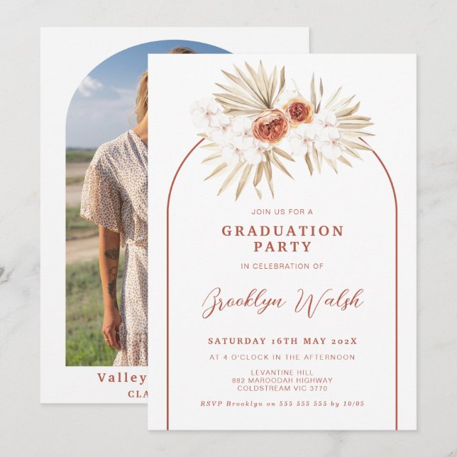 Boho Burnt Orange Floral Arch Graduation  Invitation (Front/Back)