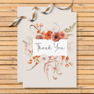 Boho Burnt Orange Floral Arch Monogram Beige Thank You Card