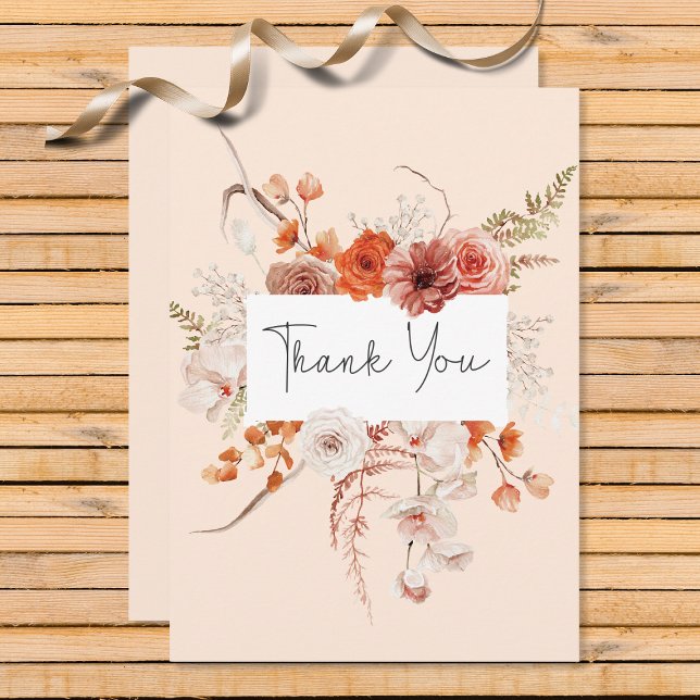 Boho Burnt Orange Floral Arch Monogram Peach Thank You Card (Creator Uploaded)