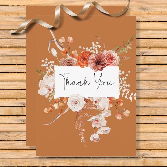 Boho Burnt Orange Floral Arch Monogram Rust Thank You Card (Creator Uploaded)