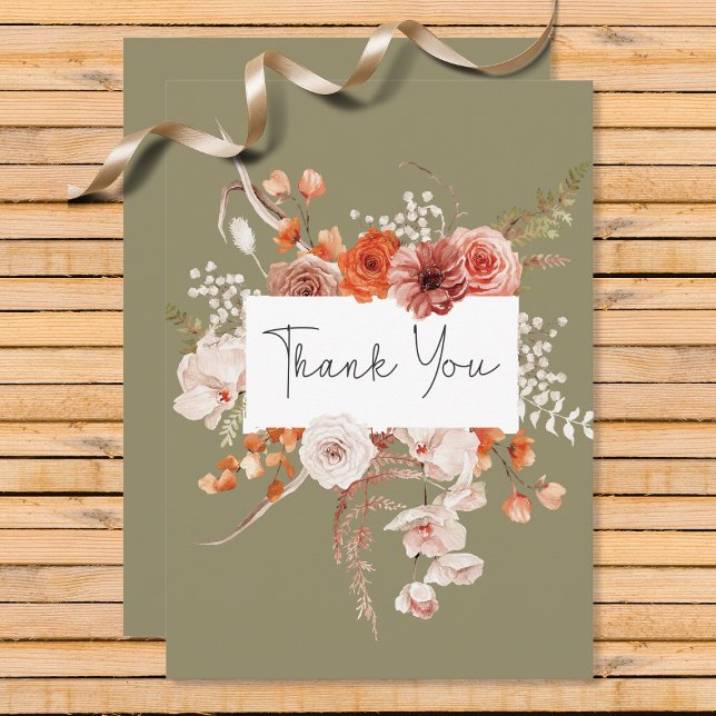 Boho Burnt Orange Floral Arch Monogram Sage Thank You Card (Creator Uploaded)