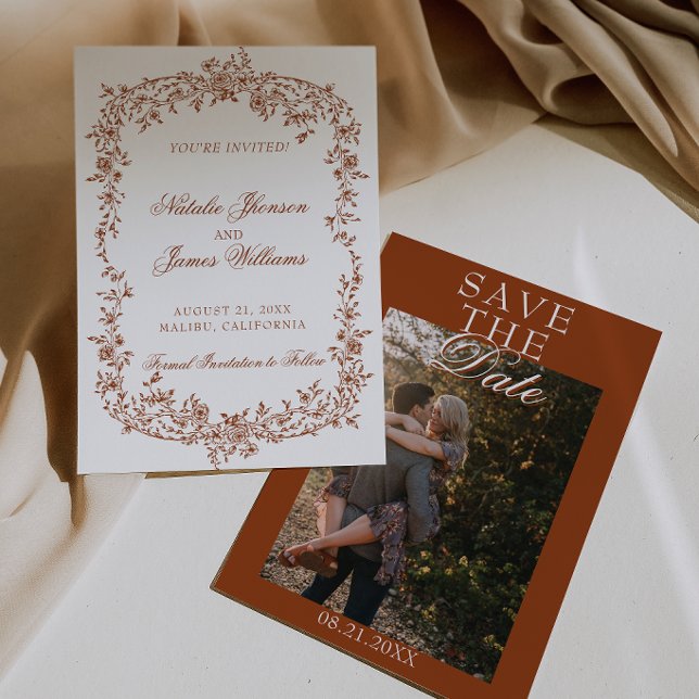 Boho Burnt Orange Floral Botanical Photo Wedding Save The Date (Creator Uploaded)