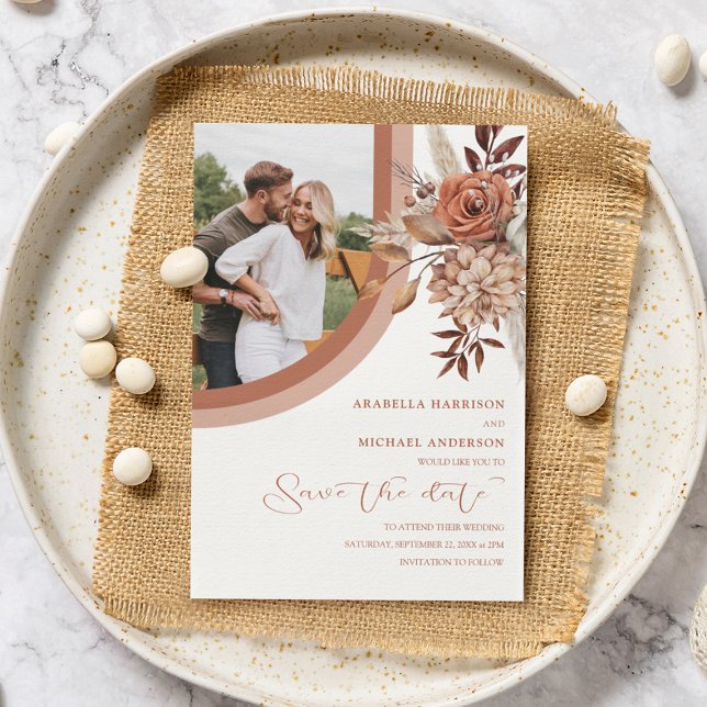 Boho Burnt Orange Floral & Pampas Grass Wedding Save The Date (Creator Uploaded)