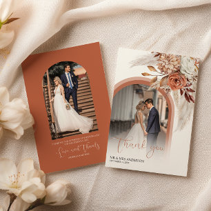 Boho Burnt Orange Floral & Pampas Photo Thank You Card