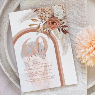Boho Burnt Orange Floral Photo 60th Birthday Invitation