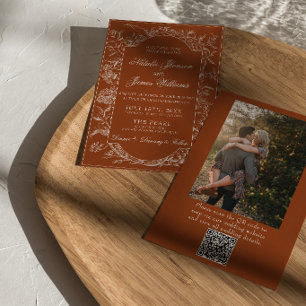 Boho Burnt Orange Floral QR Code Photo Wedding Invitation