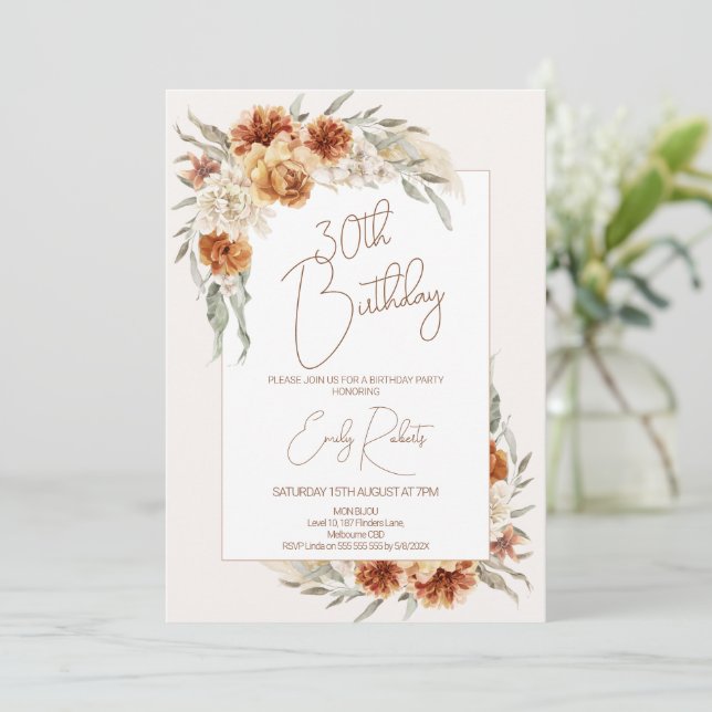 Boho Burnt Orange Floral With Frame Birthday Invitation (Standing Front)