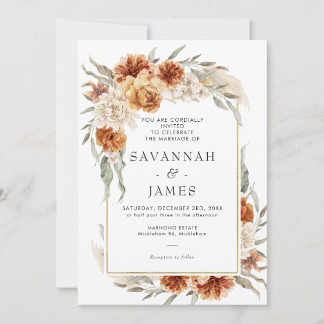 Boho Burnt Orange Floral With Frame Wedding Invitation (Front)