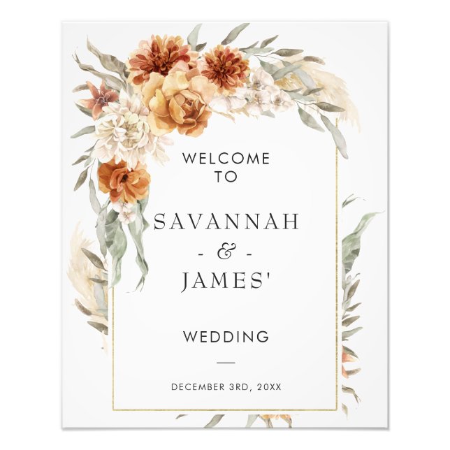 Boho Burnt Orange Floral With Frame Wedding Sign (Front)