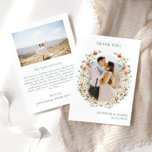 Boho burnt orange flower wreath Wedding Photo Thank You Card