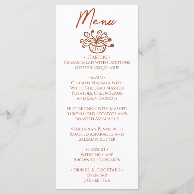 Boho Burnt Orange Hand Drawn Floral Wedding Menu (Front)