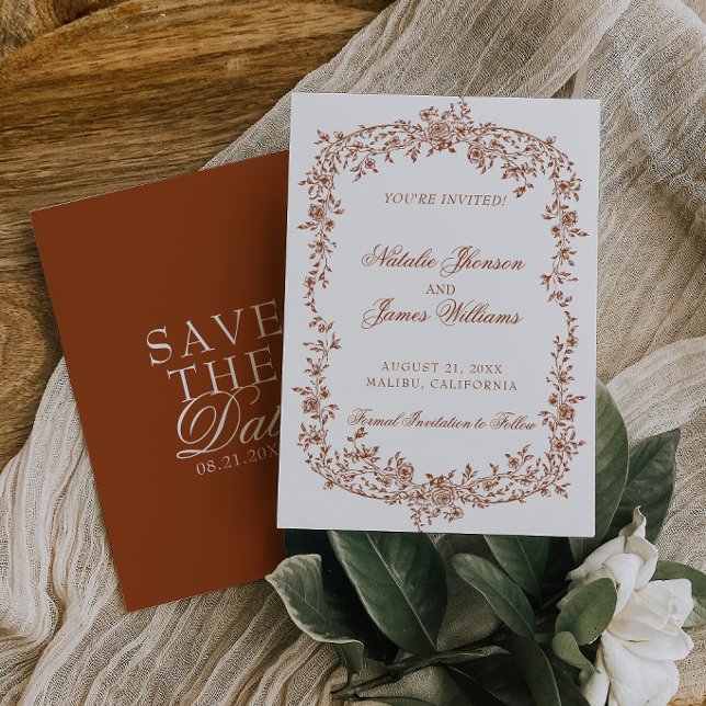 Boho Burnt Orange Rust Floral Botanical Wedding Save The Date (Creator Uploaded)