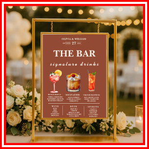 Boho Burnt Orange Terracotta Wedding Bar Menu  Poster