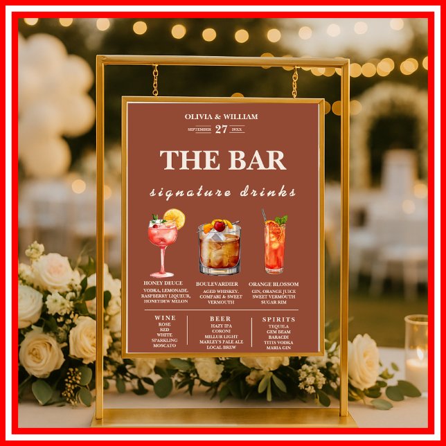 Boho Burnt Orange Terracotta Wedding Bar Menu  Poster (Creator Uploaded)