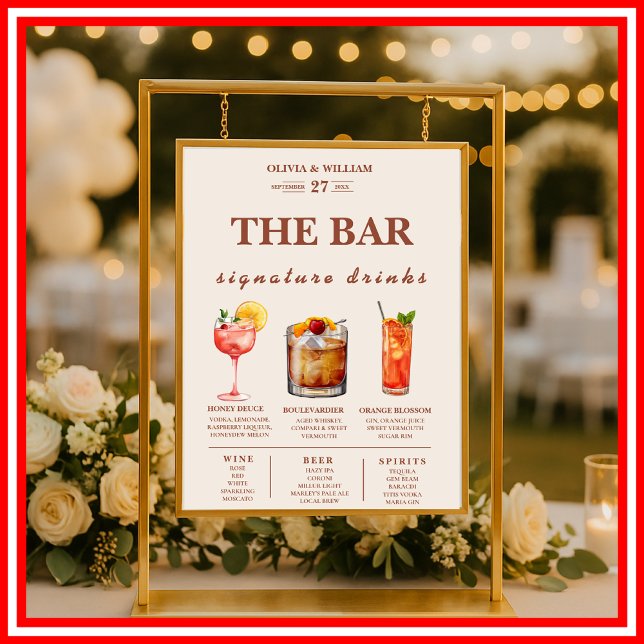 Boho Burnt Orange Terracotta Wedding Bar Menu  Poster (Creator Uploaded)