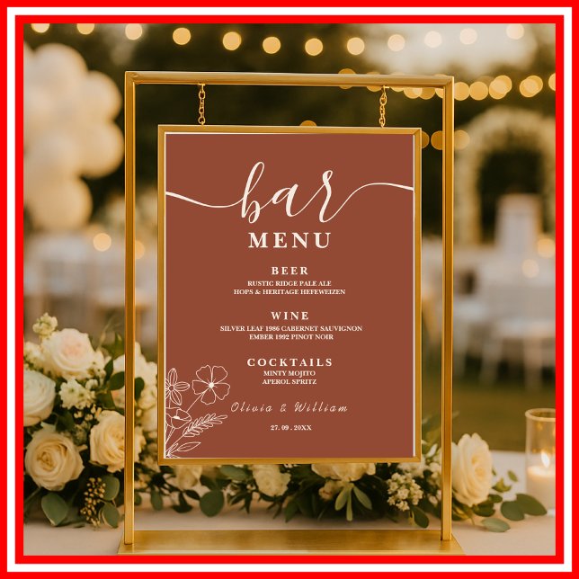 Boho Burnt Orange Wildflowers Wedding Bar Menu  Poster (Creator Uploaded)