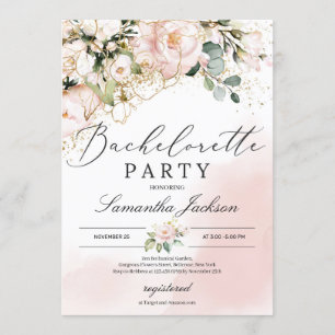 Boho bush pink floral gold flowers bachelorette invitation