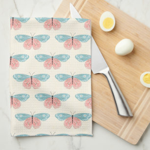 Boho Butterflies On Light Yellow Background Tea Towel