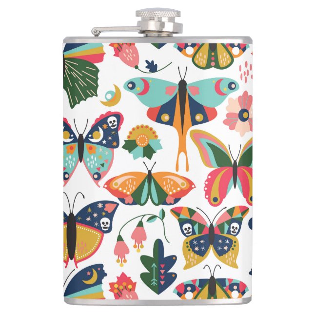 Boho Butterflies: Seamless Wallpaper Pattern. Hip Flask (Front)