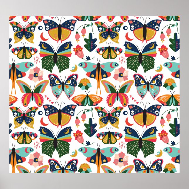 Boho Butterflies: Seamless Wallpaper Pattern. Poster (Front)