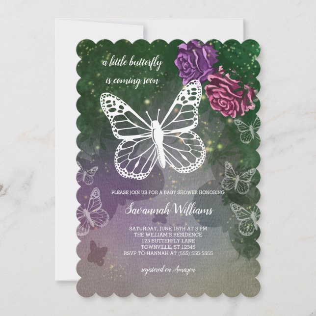 Boho Butterfly Baby Shower Floral Pink Purple Invitation (Front)