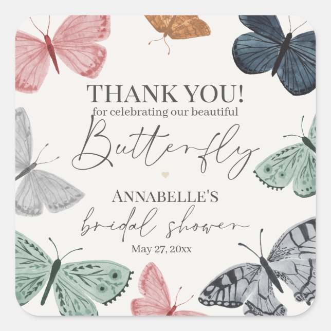 Boho Butterfly Bridal Shower Party Dessert Favour Square Sticker (Front)