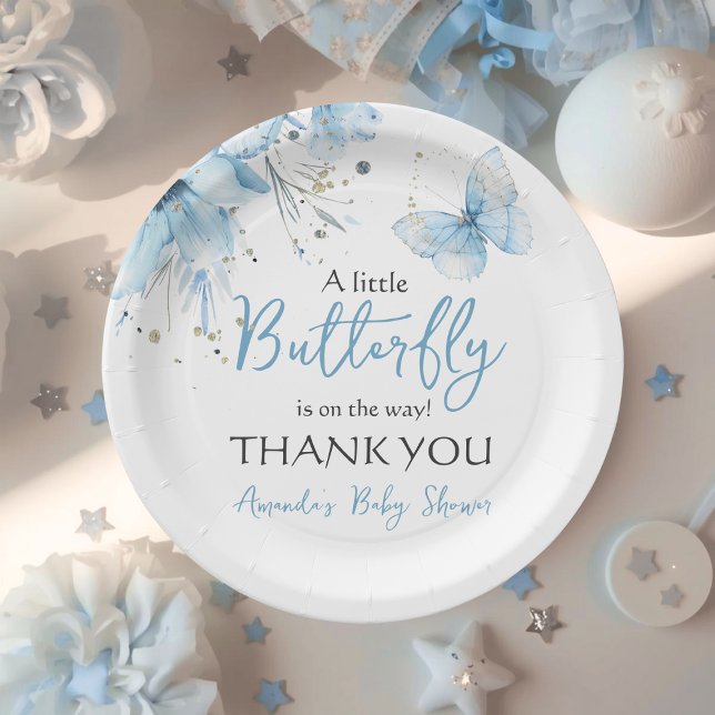 Boho Butterfly Floral Blue Boy Baby Shower Paper Plate (Creator Uploaded)