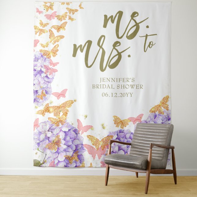 Boho Butterfly Garden Mrs Bridal Shower Backdrop Tapestry (In Situ)