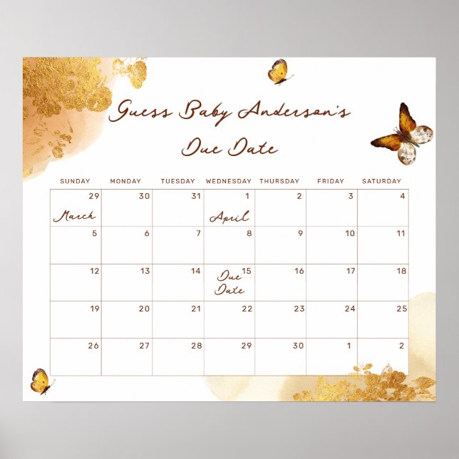 Boho Butterfly Guess Baby Due Date Calendar Poster (Front)