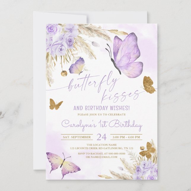Boho Butterfly Kisses and Birthday Wishes Invitation (Front)