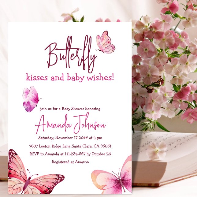 Boho Butterfly Kisses Pink Girl Baby Shower Invitation (Creator Uploaded)