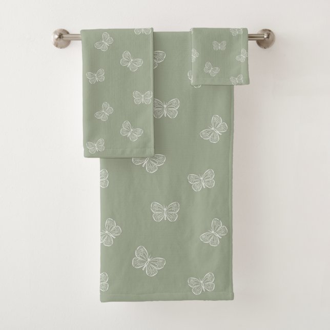 Boho Butterfly Pattern Neutral Modern Sage Green Bath Towel Set (Insitu)